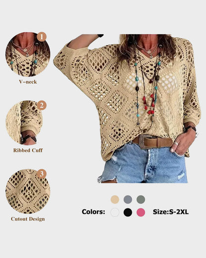 Womens Bohemian-Inspired Beige Crochet Top with V-Neck