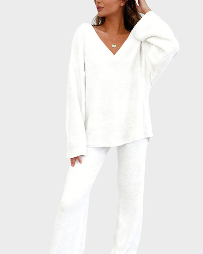 Soft Fuzzy V-Neck Loungewear Set