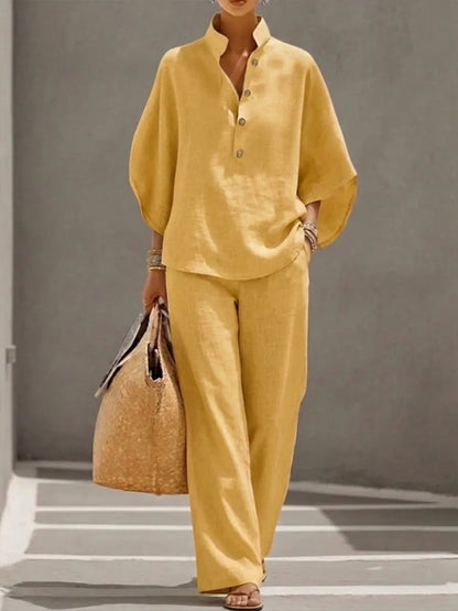 🔥Last Day 50% OFF🔥Women's Batwing Sleeve Two-Piece Set – Casual Shirt & Wide Leg Pants Outfit