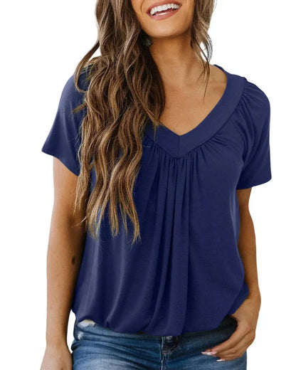 Women's Casual Summer V Neck Short Sleeve T Shirt Loose Fit Comfort Shirred Top