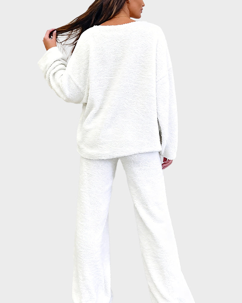 Soft Fuzzy V-Neck Loungewear Set