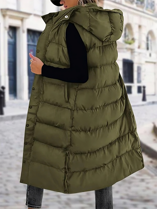 🔥 Women's Long Puffer Vest | Quilted Hood & Button Closure ❄️