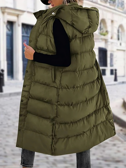 🔥 Women's Long Puffer Vest | Quilted Hood & Button Closure ❄️