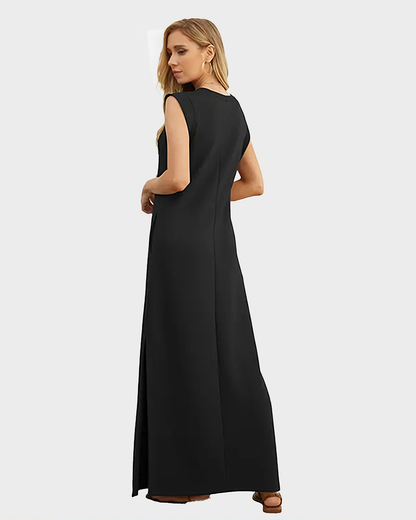 Women's Wrinkle Free Maxi Dress Loose Round Neck Split with Pockets