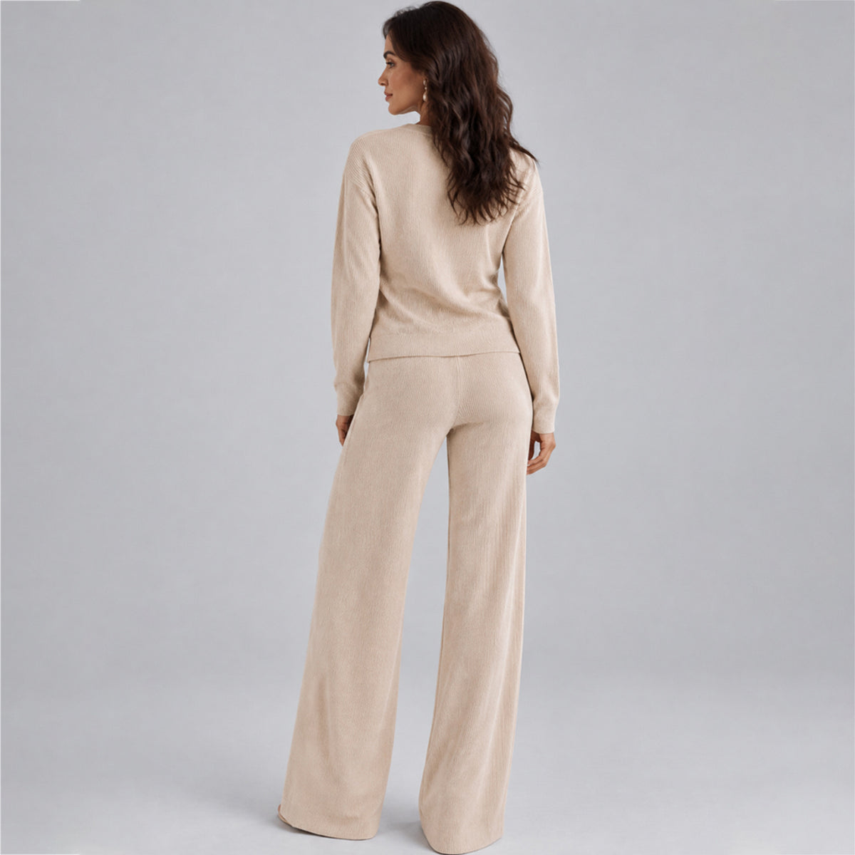 Women's Casual Knit Sweater Set Round Neck Wide Leg Pants