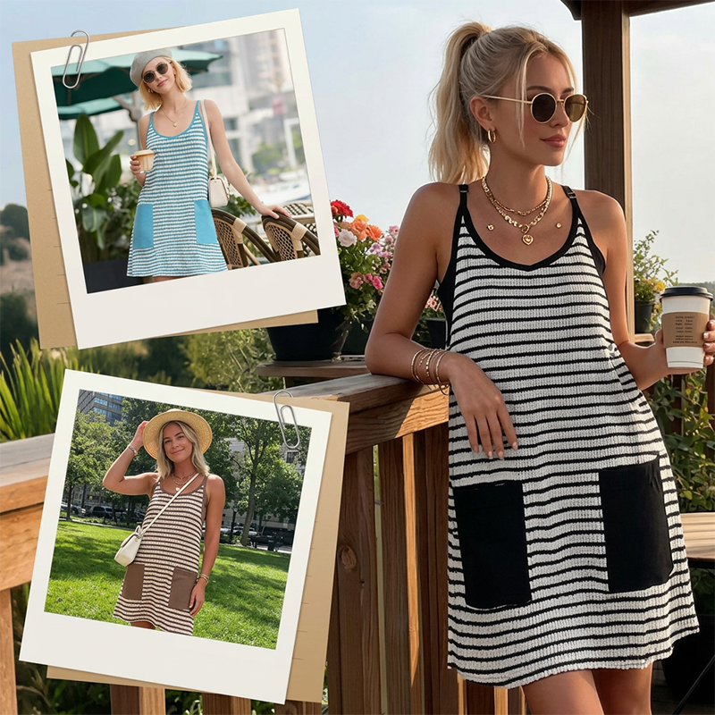 Women's Summer U Neck Sleeveless Striped Mini Dress with Built-in Shorts