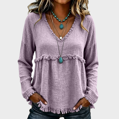 Women’s Boho V Neck Long Sleeve Fringe Top