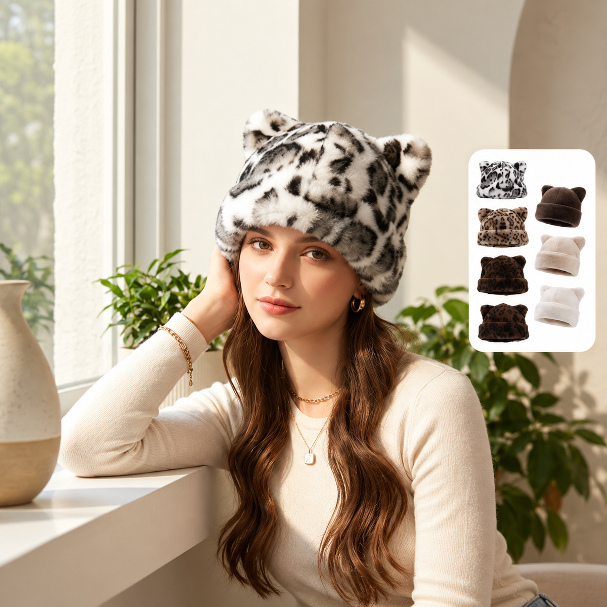 Leopard Print Plush Cat Ear Hat