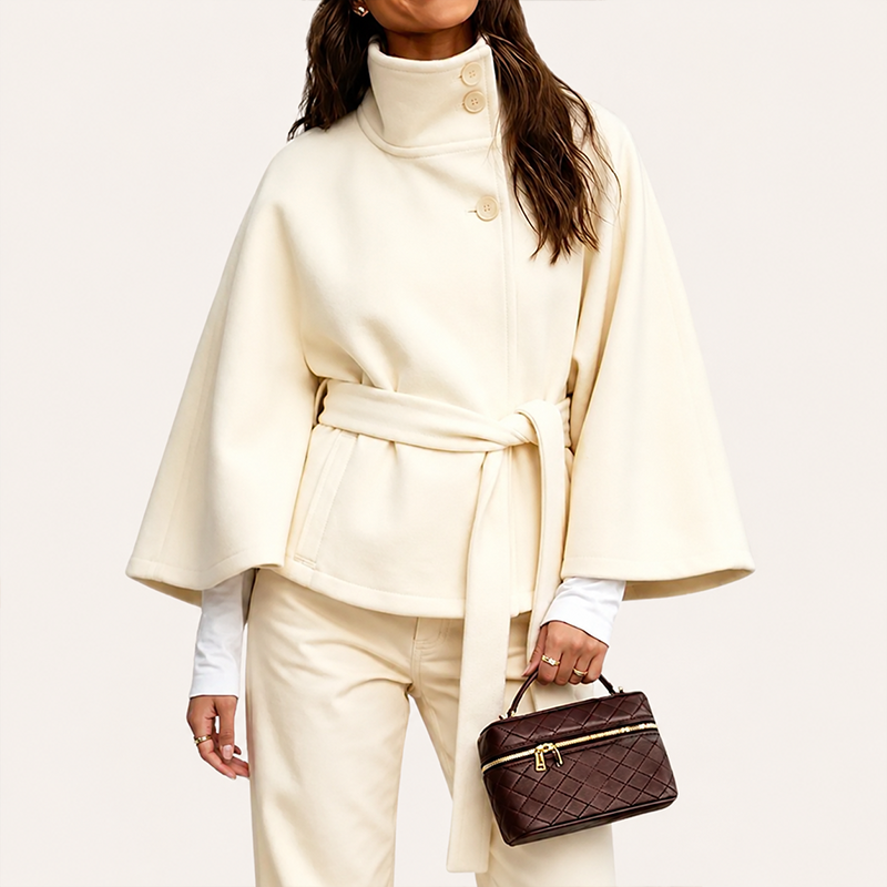 Women's Wool Blend Poncho Coat Oversized Belted Stand Collar Cropped