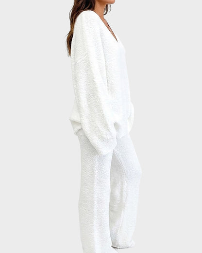 Soft Fuzzy V-Neck Loungewear Set