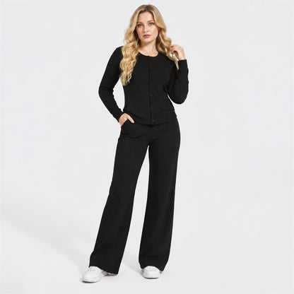 Women's Casual Knit Sweater Set Round Neck Wide Leg Pants
