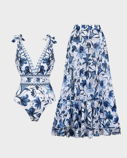 Blue Print Swimsuit Set with Cover Skirt V Neck Swimsuit Dress