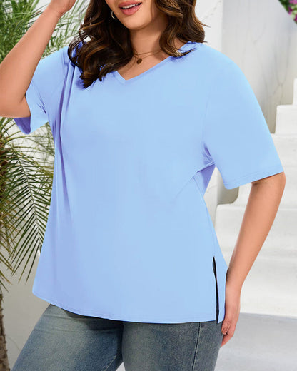Women's Plus Size Basic Sleeve V-Neck T-Shirts