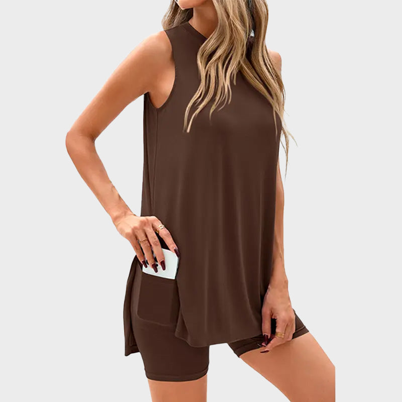 Sleeveless Top And Shorts Solid Color Set