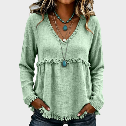 Women’s Boho V Neck Long Sleeve Fringe Top