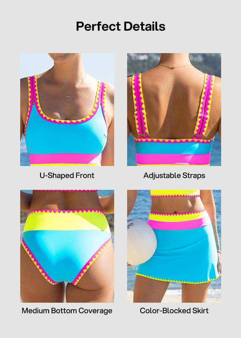 Color Contrast Patchwork Nylon Sporty 3 Piece Bikini Sets