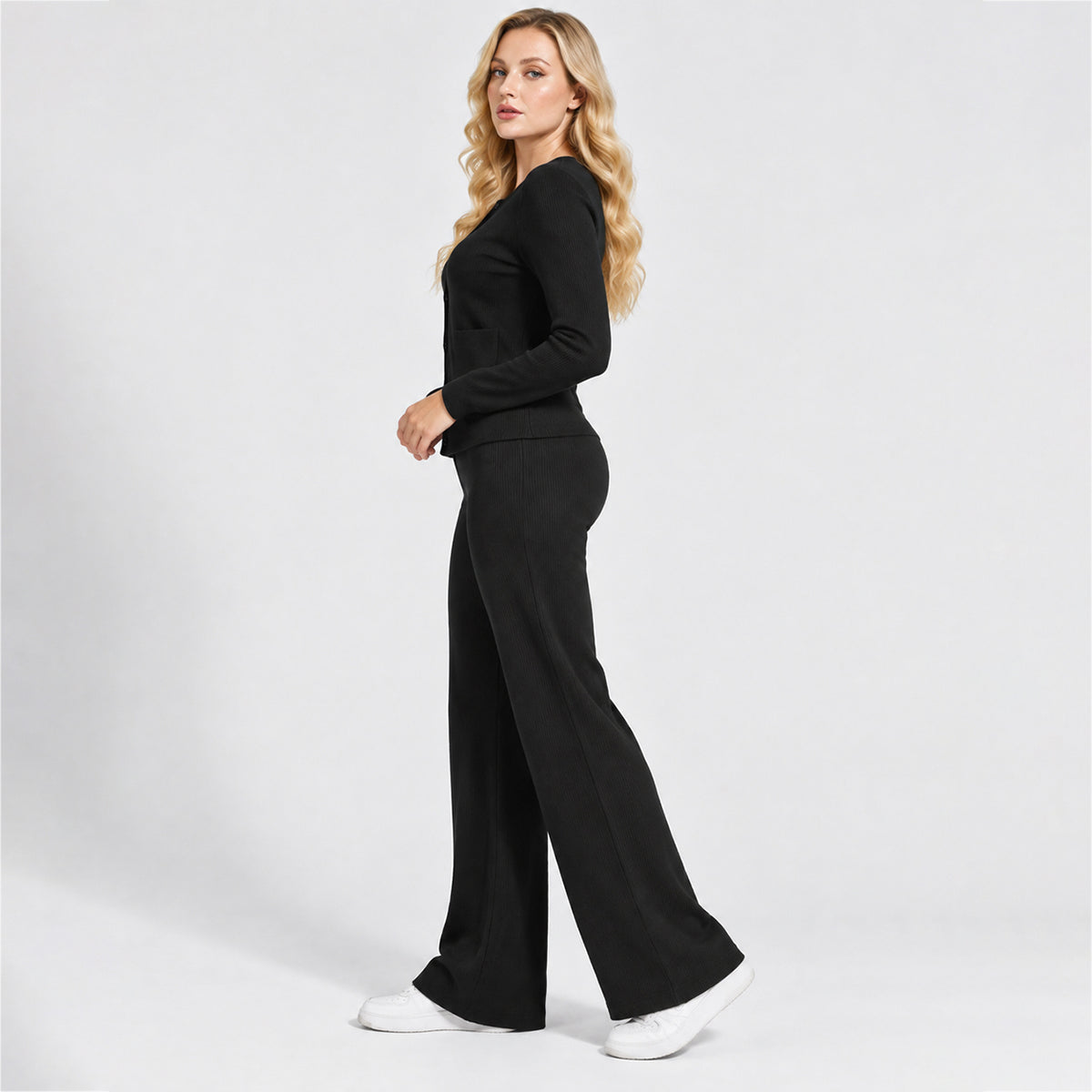 Women's Casual Knit Sweater Set Round Neck Wide Leg Pants