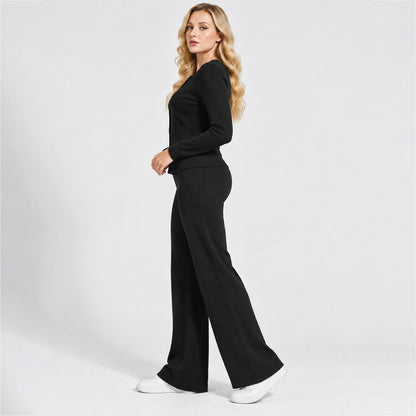 Women's Casual Knit Sweater Set Round Neck Wide Leg Pants