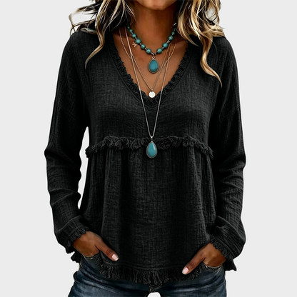 Women’s Boho V Neck Long Sleeve Fringe Top