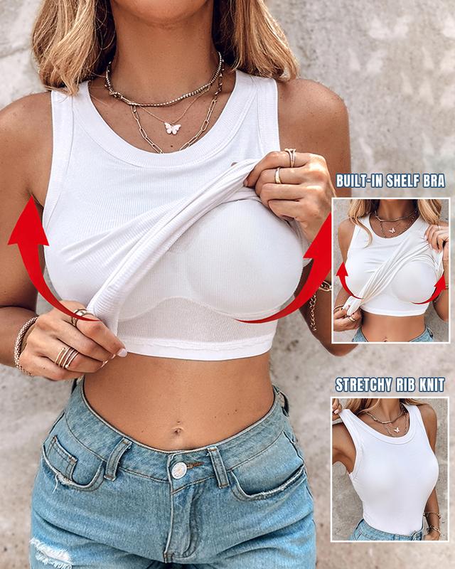 Round Neck Built-in Bra Ribbed Tank Top Fit Casual Comfortable