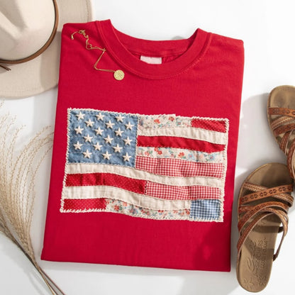Retro American Flag Shirt, Faux Patchwork USA Tee, Digital Print Shirt, 4th of July Shirt, Patriotic Graphic Shirt, Fourth of July Shirt