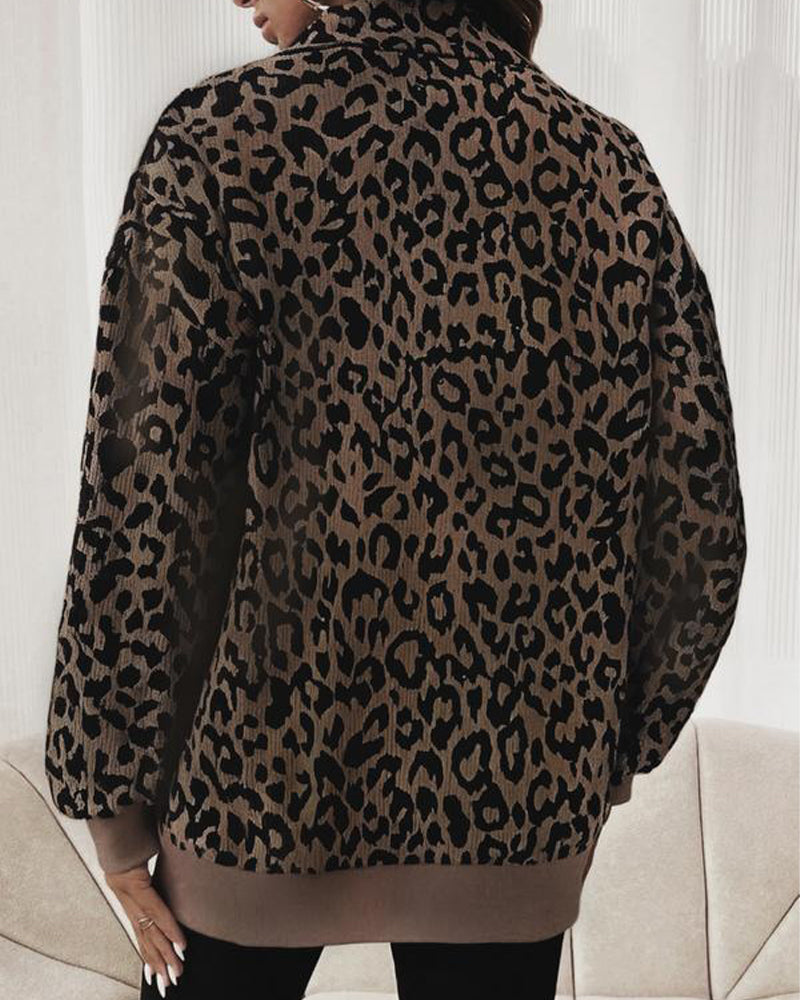 Women Casual Zip Up Front Long Sleeve Leopard Print Sweatshirt