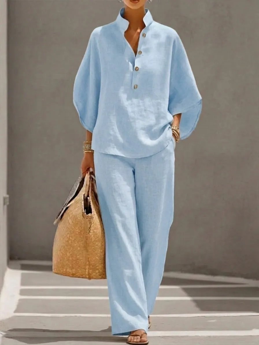 🔥Last Day 50% OFF🔥Women's Batwing Sleeve Two-Piece Set – Casual Shirt & Wide Leg Pants Outfit