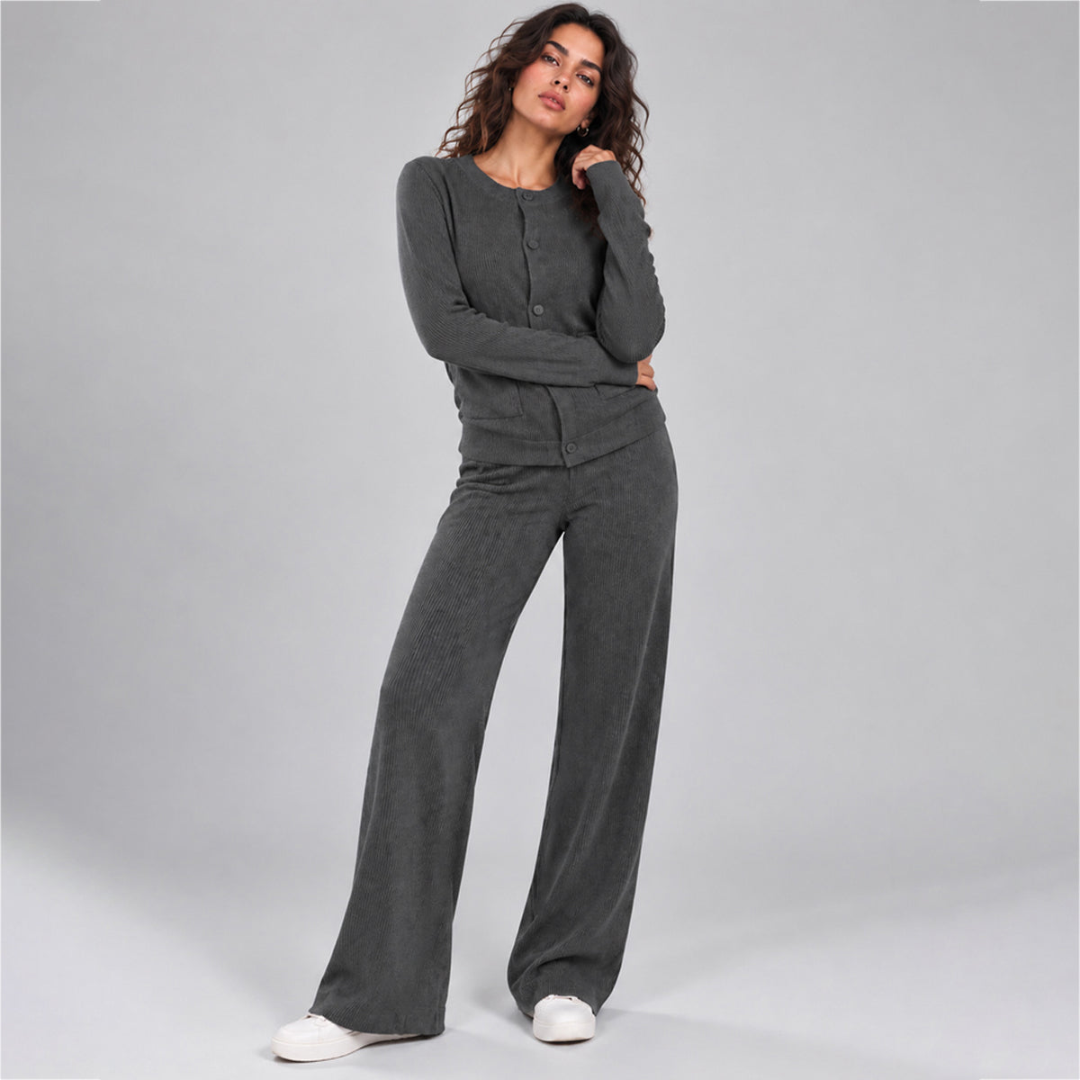 Women's Casual Knit Sweater Set Round Neck Wide Leg Pants