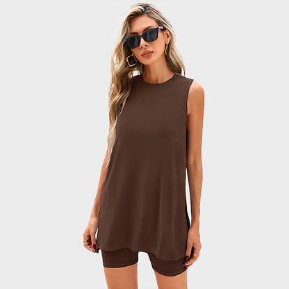 Sleeveless Top And Shorts Solid Color Set