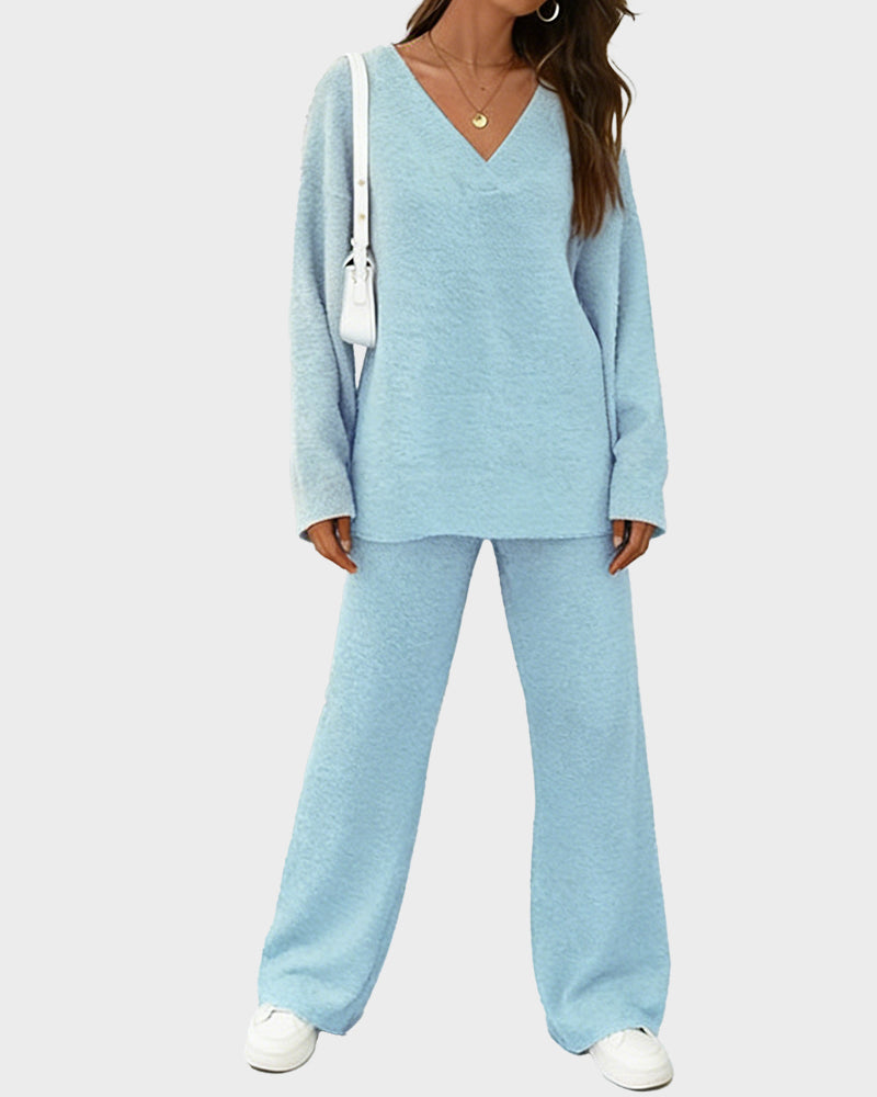 Soft Fuzzy V-Neck Loungewear Set
