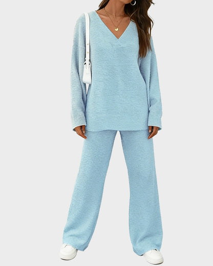 Soft Fuzzy V-Neck Loungewear Set