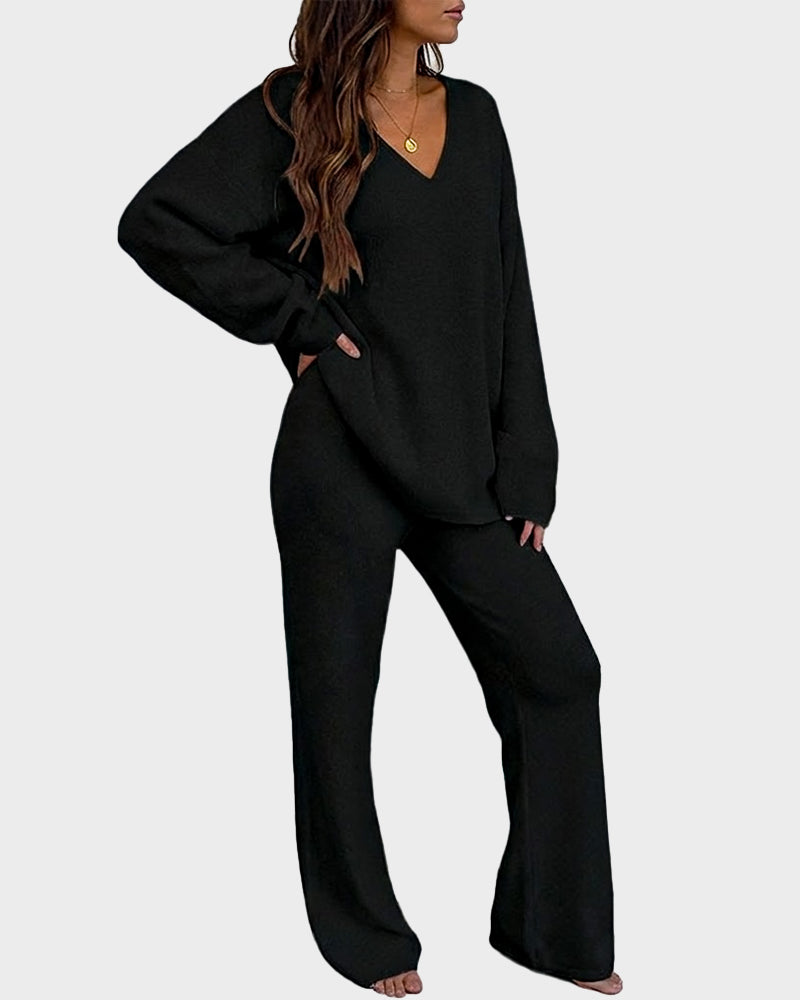 Soft Fuzzy V-Neck Loungewear Set