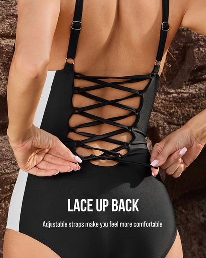 Plunge Lace-Up Corset Sculpting Swimsuit