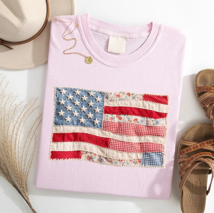 Retro American Flag Shirt, Faux Patchwork USA Tee, Digital Print Shirt, 4th of July Shirt, Patriotic Graphic Shirt, Fourth of July Shirt
