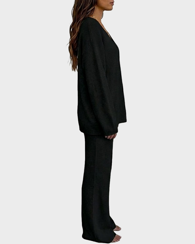 Soft Fuzzy V-Neck Loungewear Set