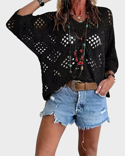 Womens Bohemian-Inspired Beige Crochet Top with V-Neck
