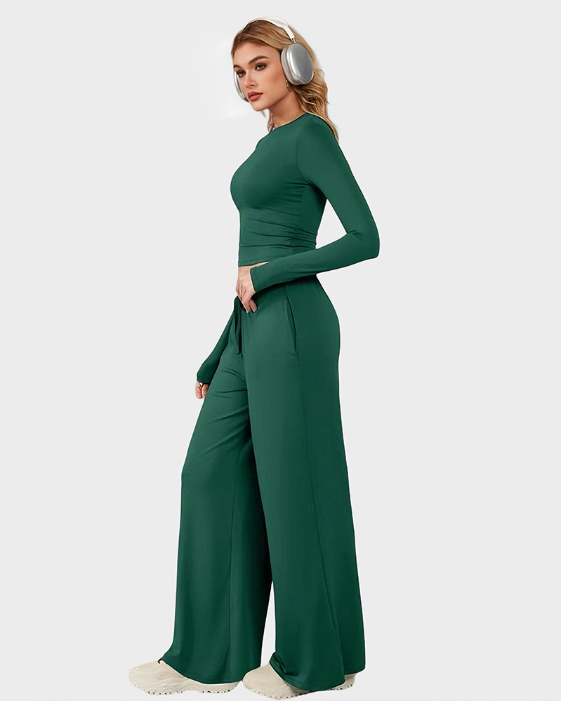 Wide-Leg Lounge Set for Women Stretchy Crop Top & Pants