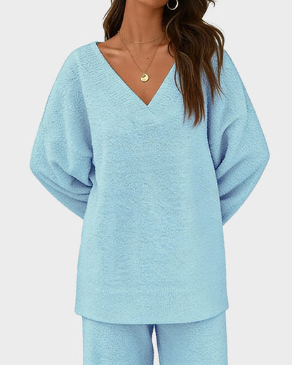 Soft Fuzzy V-Neck Loungewear Set