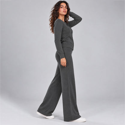 Women's Casual Knit Sweater Set Round Neck Wide Leg Pants