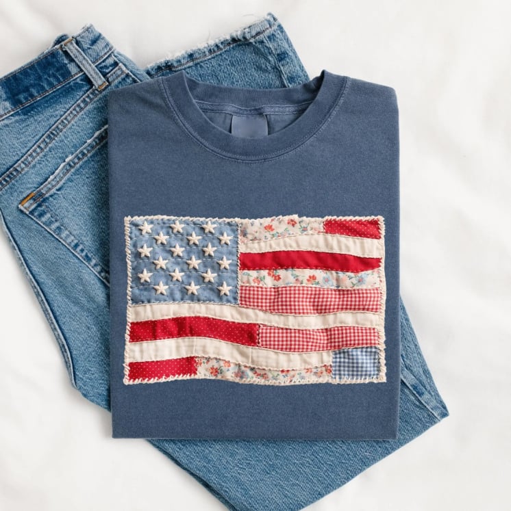 Retro American Flag Shirt, Faux Patchwork USA Tee, Digital Print Shirt, 4th of July Shirt, Patriotic Graphic Shirt, Fourth of July Shirt