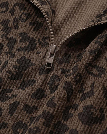 Women Casual Zip Up Front Long Sleeve Leopard Print Sweatshirt