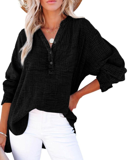 Womens Casual Button V Neck Long Sleeve Shirts Solid Blouses Tops