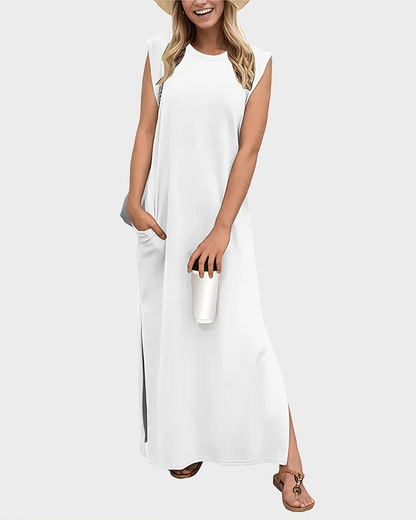 Women's Wrinkle Free Maxi Dress Loose Round Neck Split with Pockets