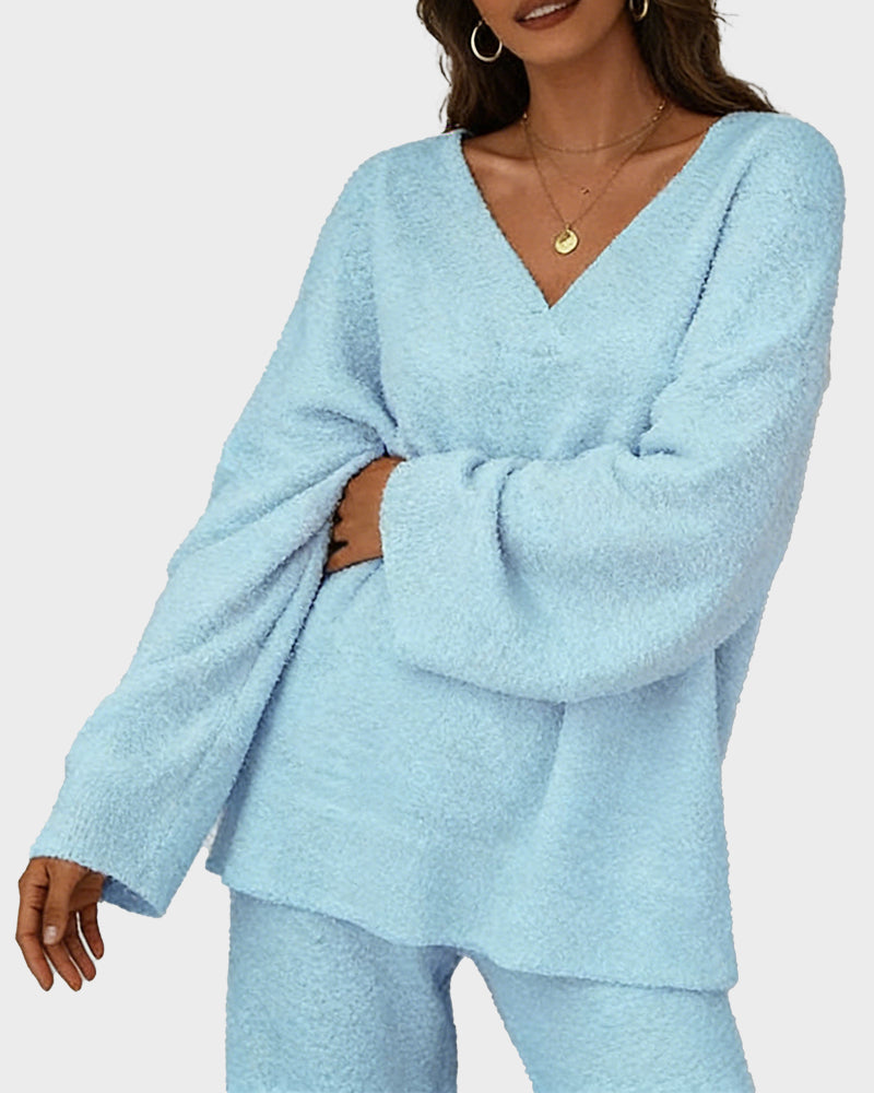 Soft Fuzzy V-Neck Loungewear Set