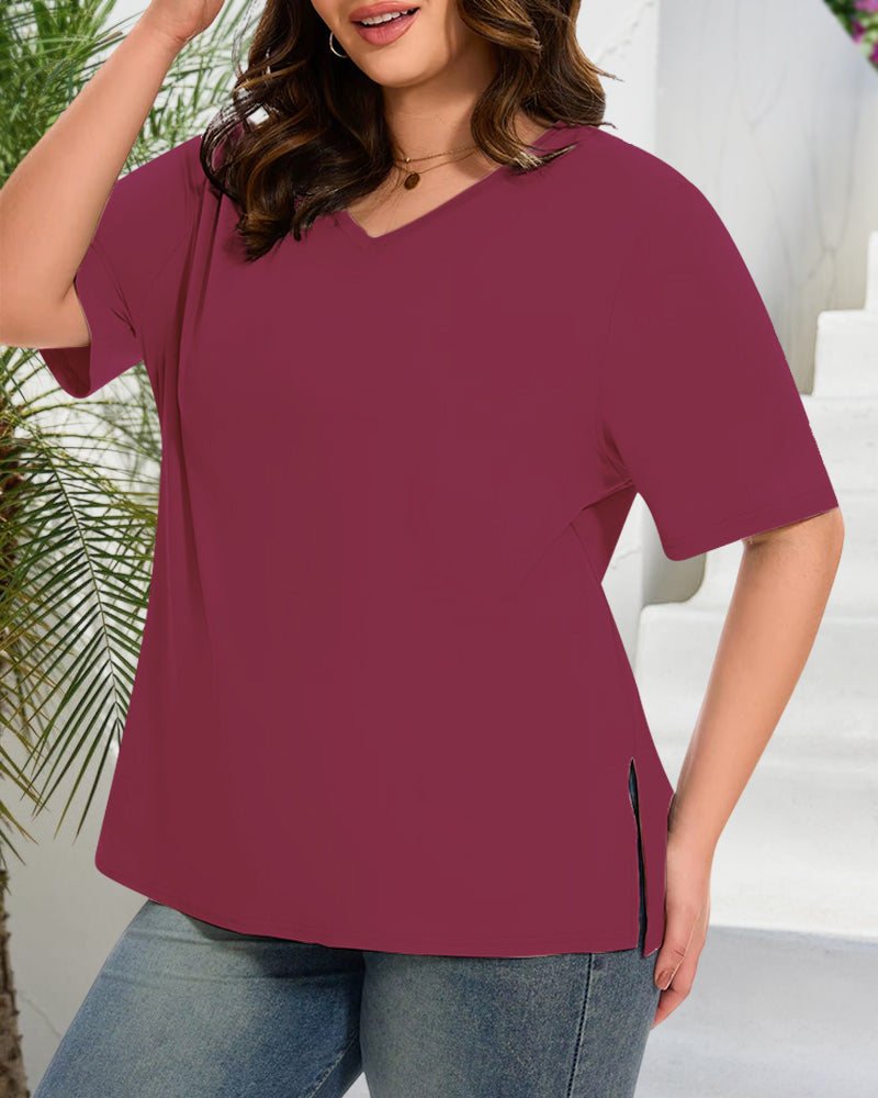 Women's Plus Size Basic Sleeve V-Neck T-Shirts