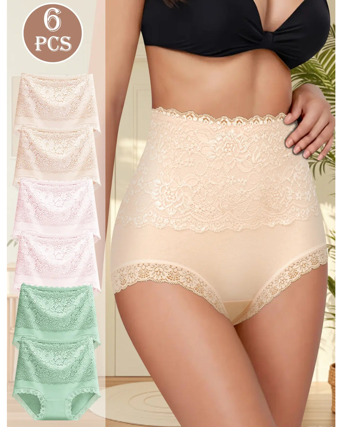 Women's Floral Lace High Waist Hip Lifting Cotton Briefs (3 Pack / 6 Pack)