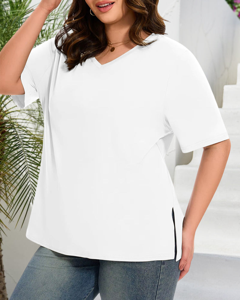 Women's Plus Size Basic Sleeve V-Neck T-Shirts