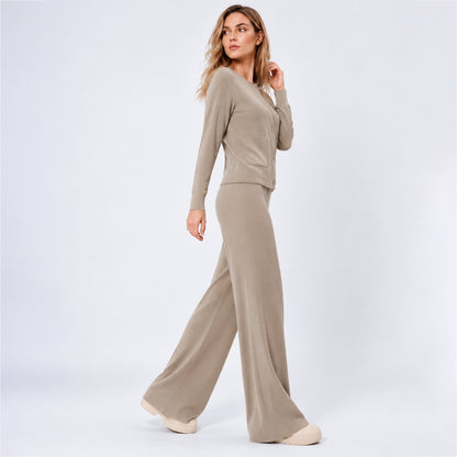 Women's Casual Knit Sweater Set Round Neck Wide Leg Pants