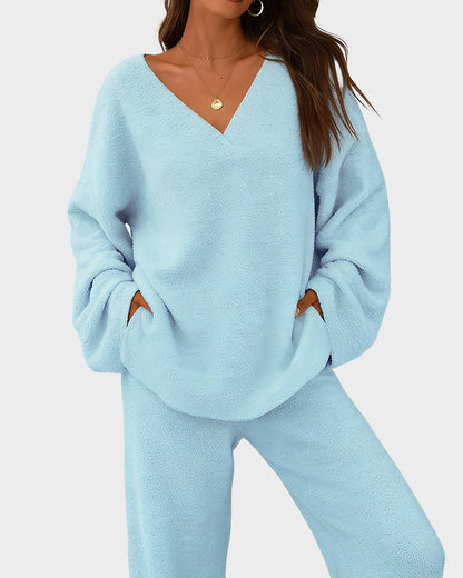 Soft Fuzzy V-Neck Loungewear Set