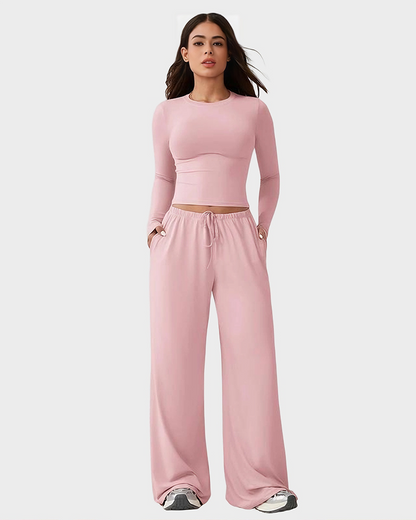 Wide-Leg Lounge Set for Women Stretchy Crop Top & Pants